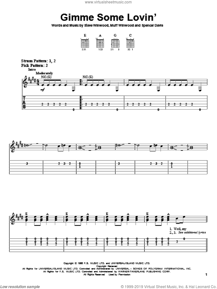 Gimme Some Lovin' sheet music for guitar solo (easy tablature) by The Spencer Davis Group, Muff Winwood, Spencer Davis and Steve Winwood, easy guitar (easy tablature)