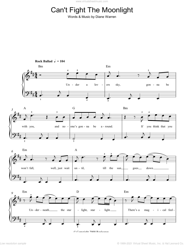 Can't Fight The Moonlight sheet music for piano solo by LeAnn Rimes and Diane Warren, easy skill level