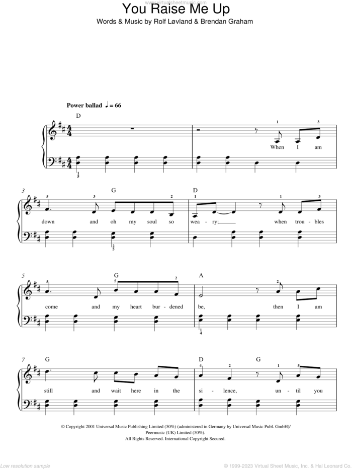 You Raise Me Up sheet music for piano solo by Westlife, Josh Groban, Brendan Graham and Rolf Lovland, wedding score, easy skill level