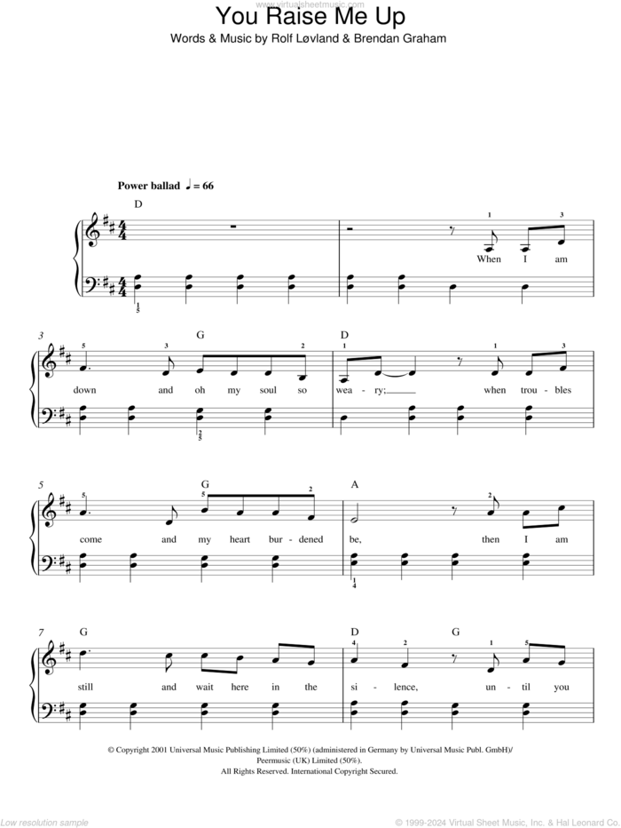 You Raise Me Up sheet music for piano solo by Westlife, Josh Groban, Brendan Graham and Rolf Lovland, wedding score, easy skill level