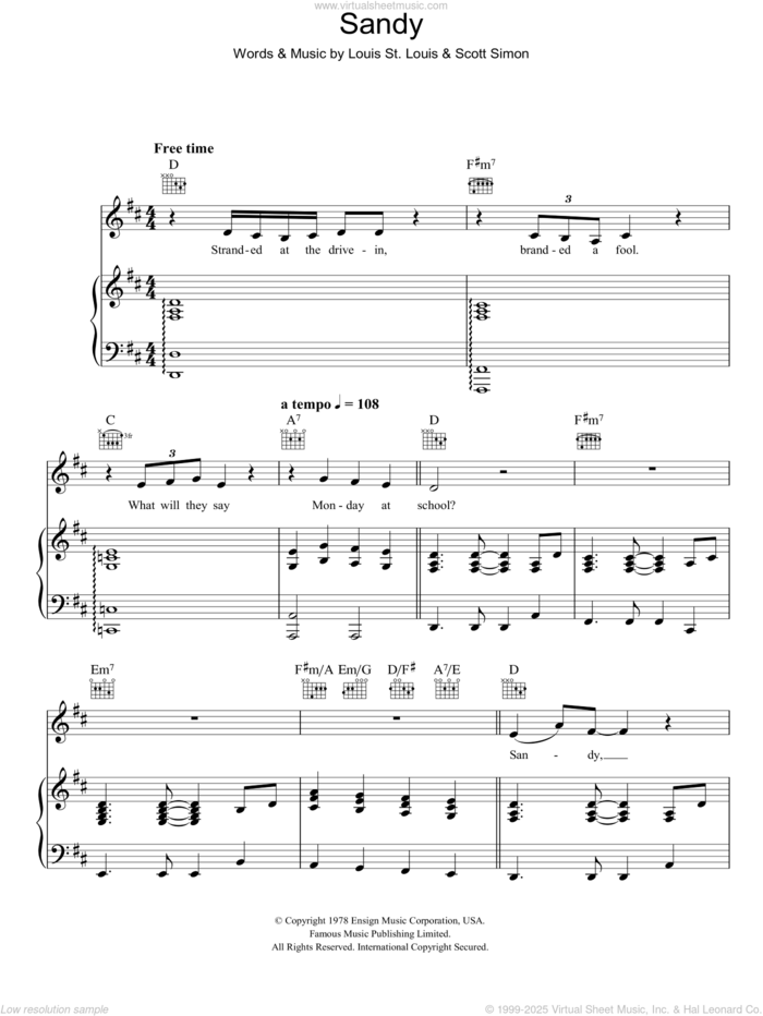 Sandy (from Grease) sheet music for voice, piano or guitar by John Travolta, Louis St. Louis and Scott Simon, intermediate skill level