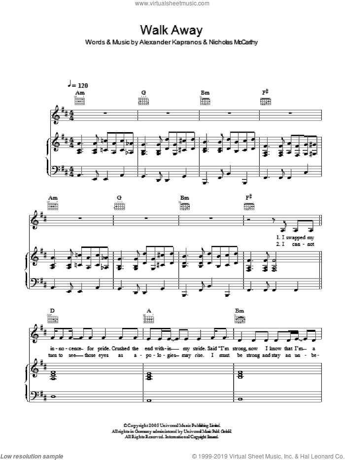 Walk Away sheet music for voice, piano or guitar by Franz Ferdinand, Alexander Kapranos and Nicholas McCarthy, intermediate skill level