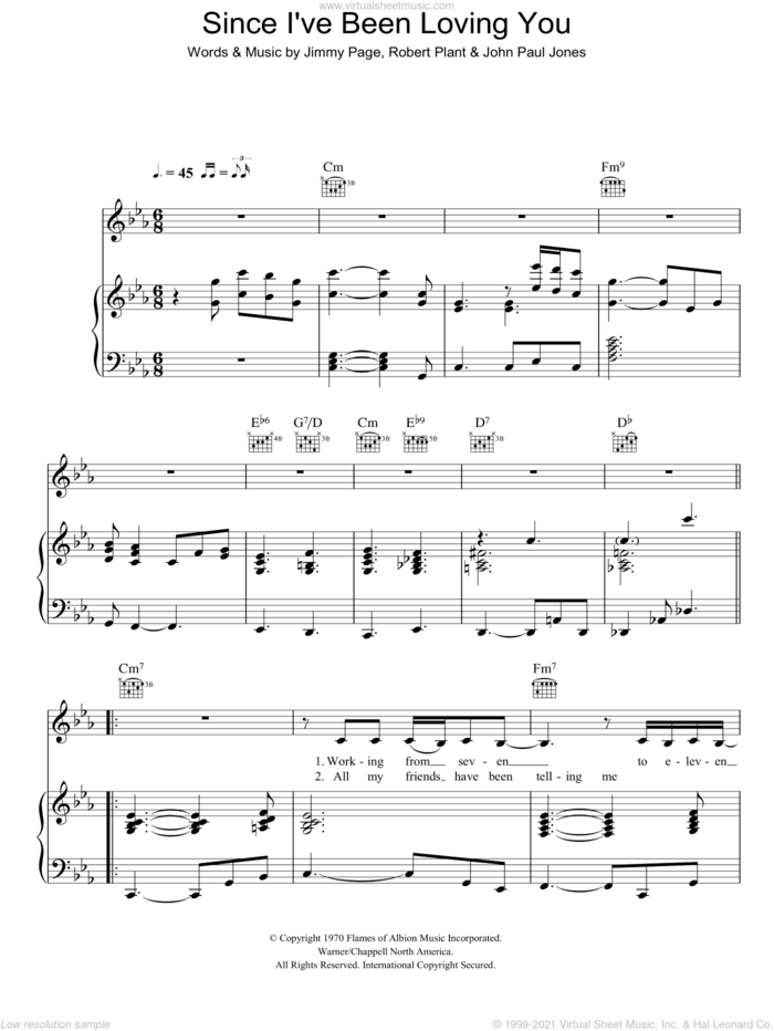 Since I've Been Loving You sheet music for voice, piano or guitar by Corinne Bailey Rae, Jimmy Page, John Paul Jones and Robert Plant, intermediate skill level