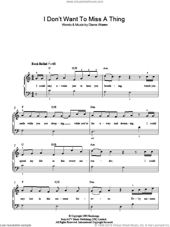 I Don't Want To Miss A Thing sheet music for piano solo by Aerosmith and Diane Warren, easy skill level