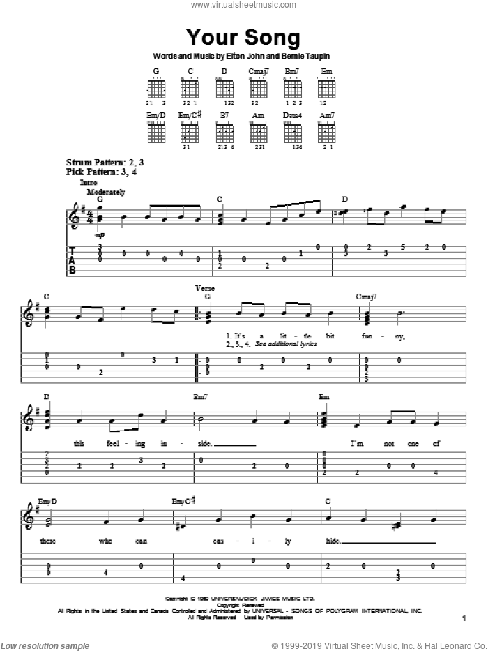 Your Song sheet music for guitar solo (easy tablature) by Elton John, Ewan McGregor, Rod Stewart and Bernie Taupin, wedding score, easy guitar (easy tablature)