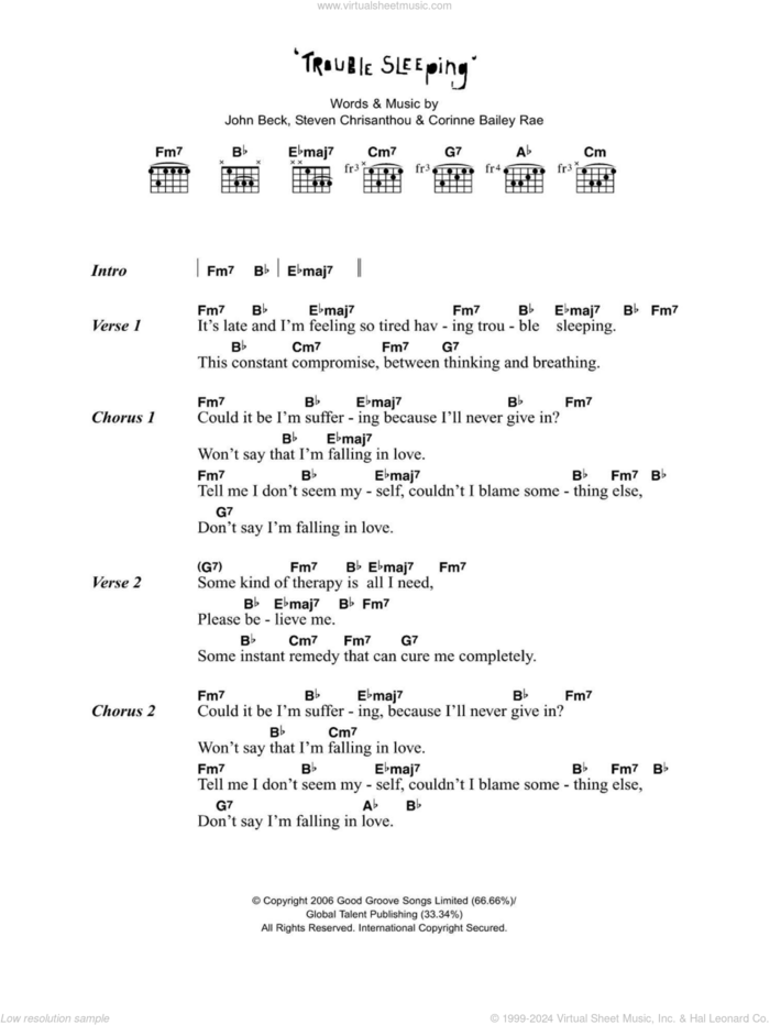 Trouble Sleeping sheet music for guitar (chords) by Corinne Bailey Rae, John Beck and Steven Chrisanthou, intermediate skill level