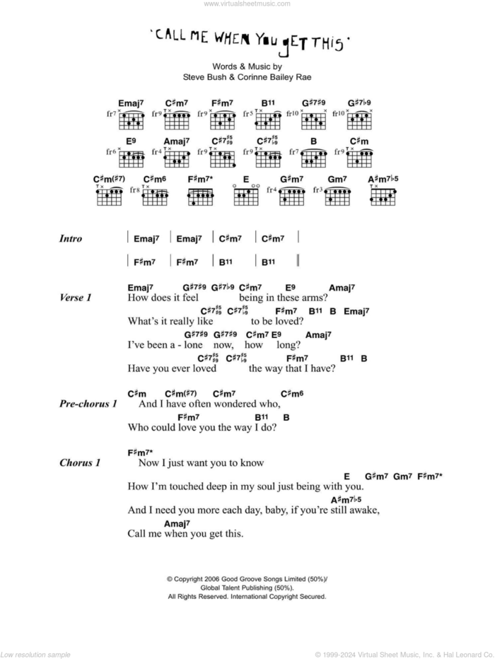 Call Me When You Get This sheet music for guitar (chords) by Corinne Bailey Rae and Steve Bush, intermediate skill level