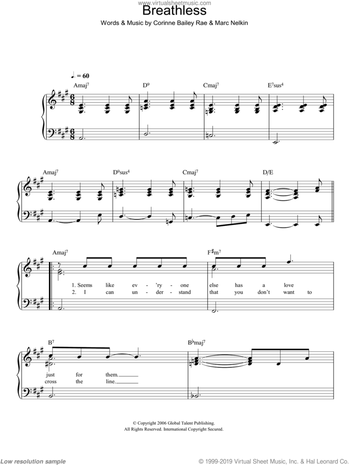 Breathless sheet music for piano solo by Corinne Bailey Rae and Marc Nelkin, easy skill level