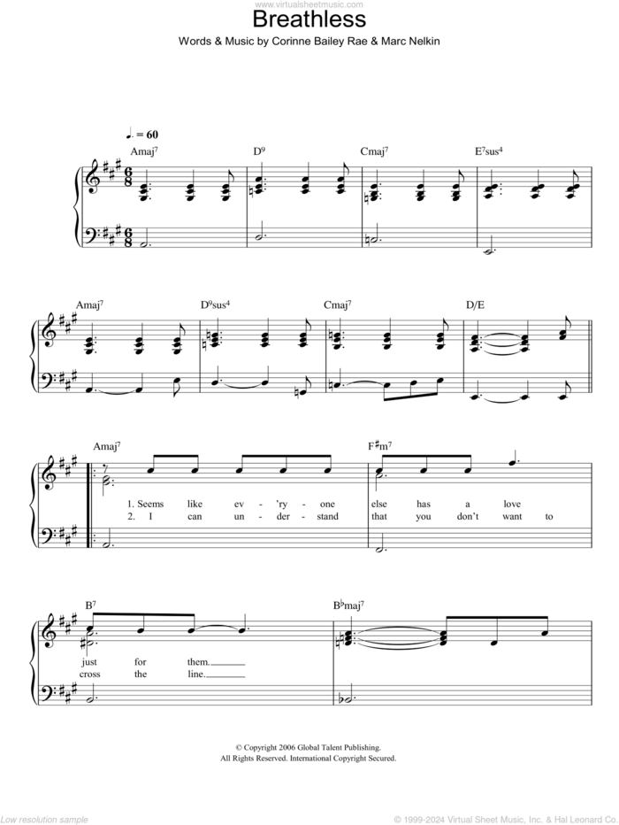 Breathless sheet music for piano solo by Corinne Bailey Rae and Marc Nelkin, easy skill level