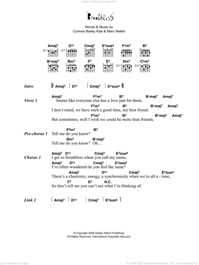 Breathless sheet music for guitar (chords) by Corinne Bailey Rae and Marc Nelkin, intermediate skill level