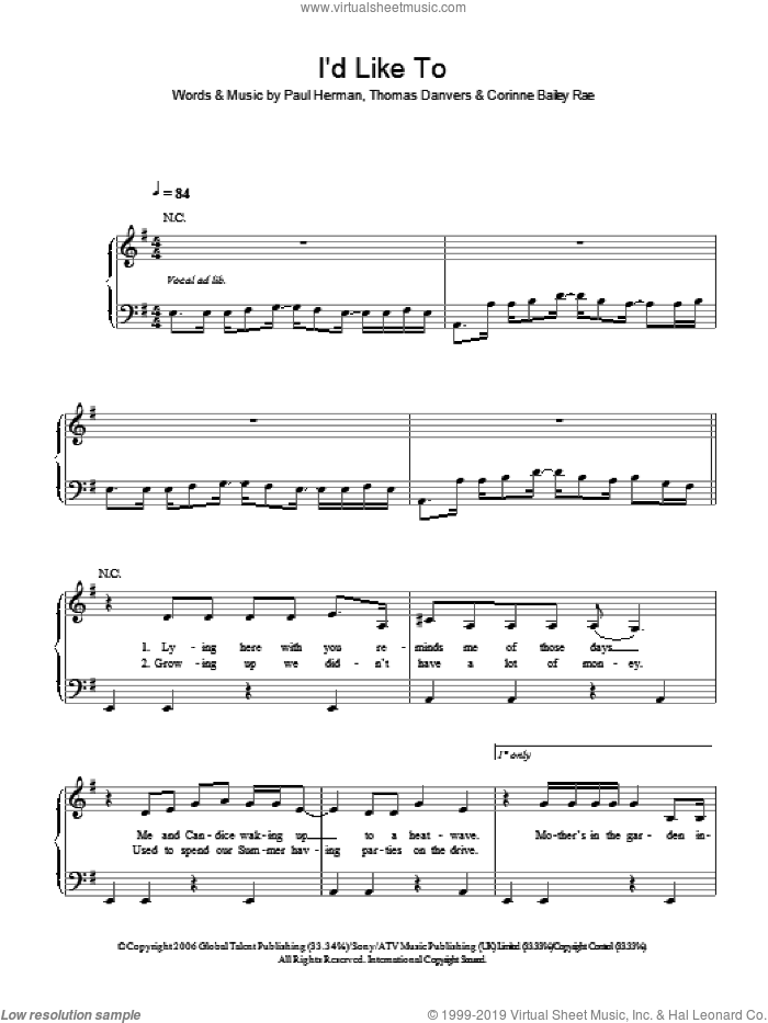 I'd Like To sheet music for piano solo by Corinne Bailey Rae, Paul Herman and Thomas Danvers, easy skill level