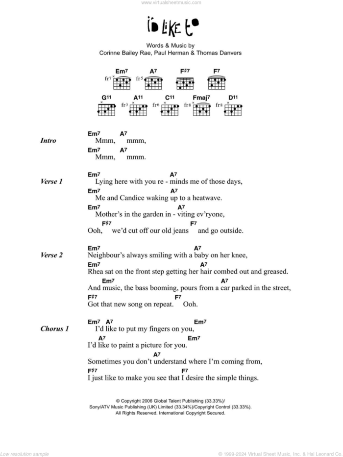 I'd Like To sheet music for guitar (chords) by Corinne Bailey Rae, Paul Herman and Thomas Danvers, intermediate skill level