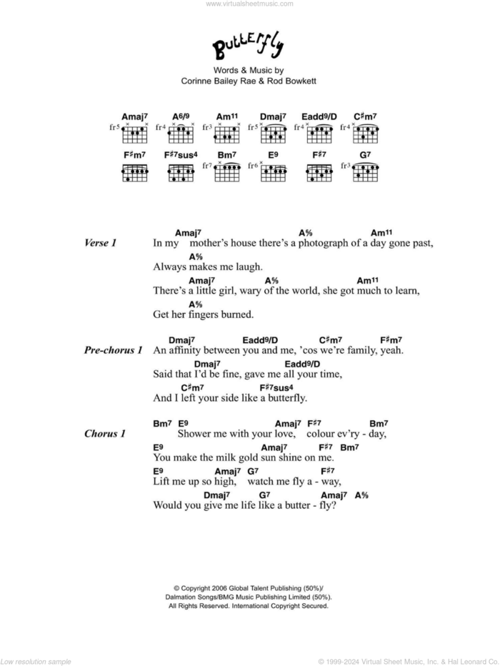 Butterfly sheet music for guitar (chords) by Corinne Bailey Rae and Rod Bowkett, intermediate skill level