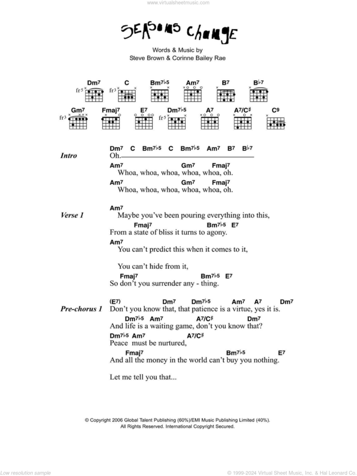 Seasons Change sheet music for guitar (chords) by Corinne Bailey Rae and Steve Brown, intermediate skill level