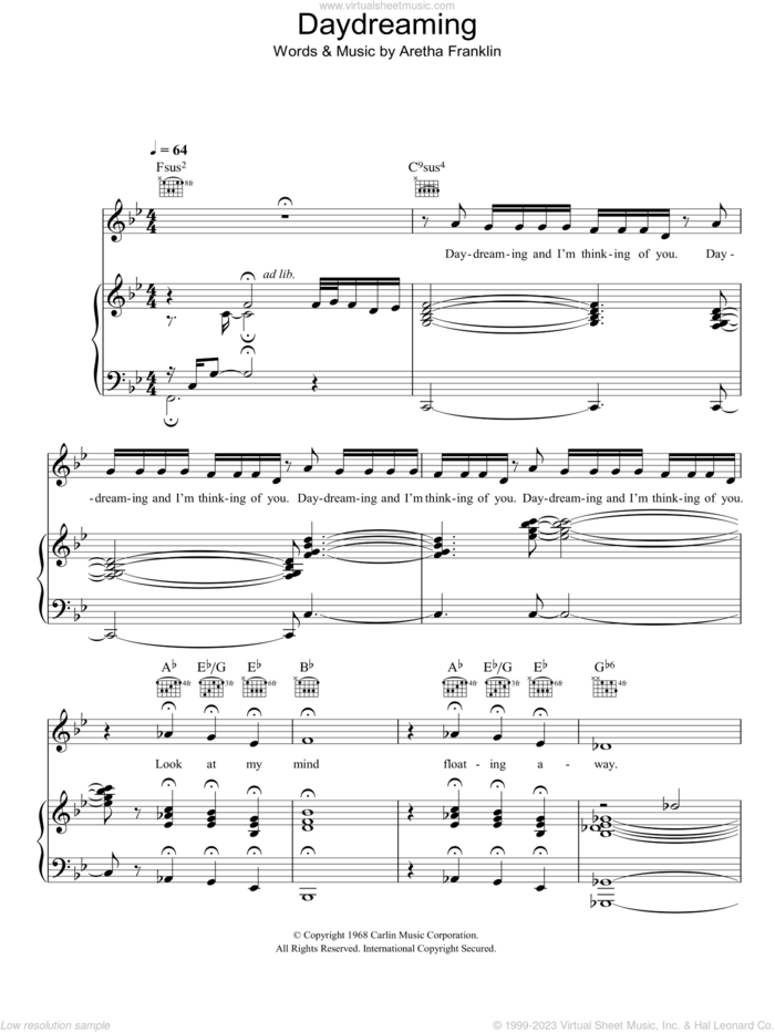 Daydreaming sheet music for voice, piano or guitar by Corinne Bailey Rae and Aretha Franklin, intermediate skill level