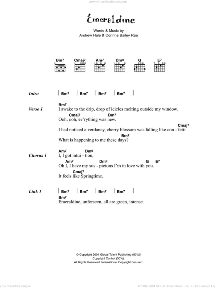 Emeraldine sheet music for guitar (chords) by Corinne Bailey Rae and Andrew Hale, intermediate skill level