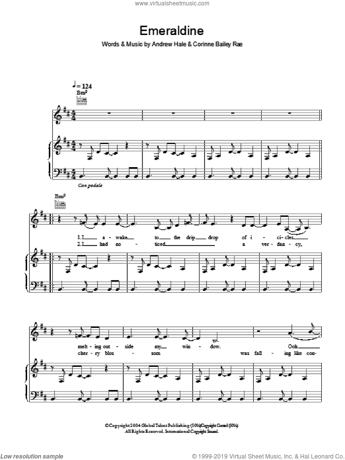 Emeraldine sheet music for voice, piano or guitar by Corinne Bailey Rae and Andrew Hale, intermediate skill level