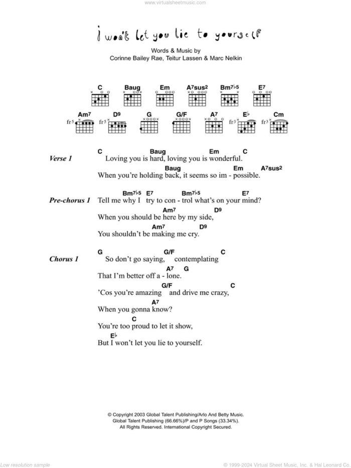 I Won't Let You Lie To Yourself sheet music for guitar (chords) by Corinne Bailey Rae, Marc Nelkin and Teitur Lassen, intermediate skill level