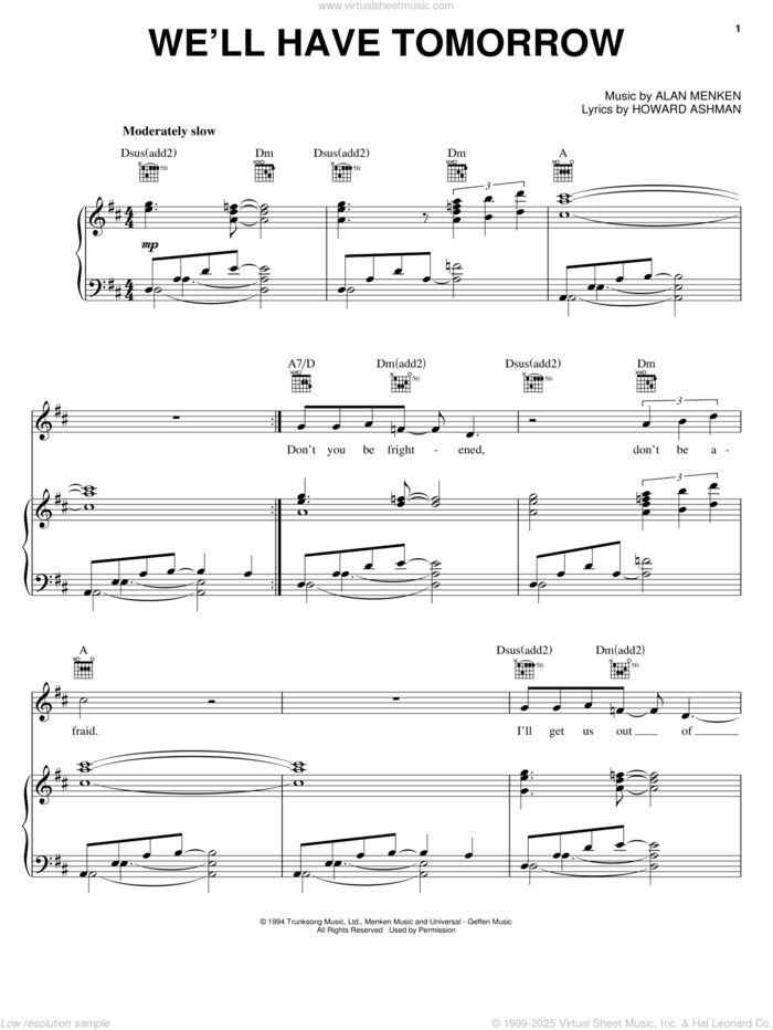 We'll Have Tomorrow sheet music for voice, piano or guitar by Alan Menken and Howard Ashman, intermediate skill level