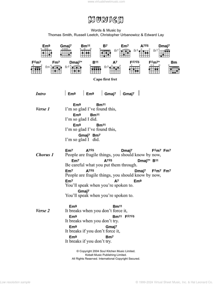 Munich sheet music for guitar (chords) by Corinne Bailey Rae, Chris Urbanowicz, Ed Lay, Russell Leetch and Tom Smith, intermediate skill level