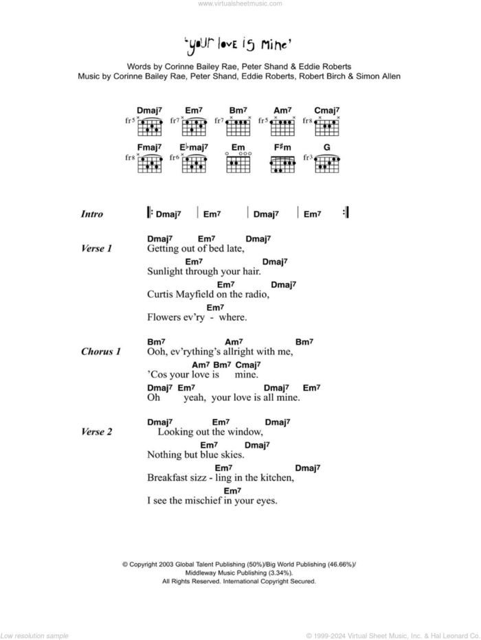 Your Love Is Mine sheet music for guitar (chords) by Corinne Bailey Rae, Eddie Roberts, Peter Shand, Robert Birch and Simon Allen, intermediate skill level