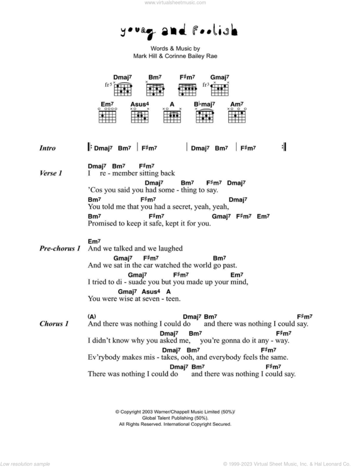 Young And Foolish sheet music for guitar (chords) by Corinne Bailey Rae and Mark Hill, intermediate skill level