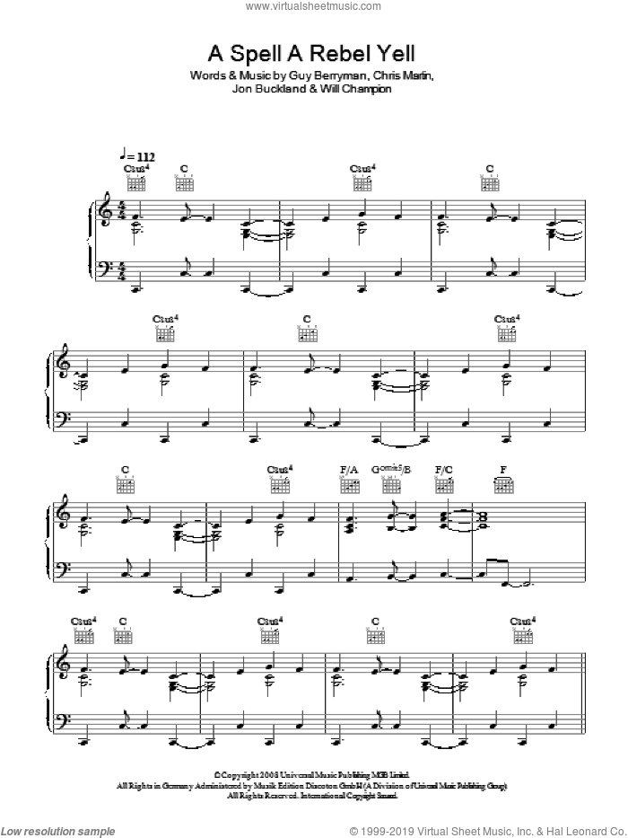 A Spell A Rebel Yell sheet music for voice, piano or guitar by Coldplay, Chris Martin, Guy Berryman, Jon Buckland and Will Champion, intermediate skill level