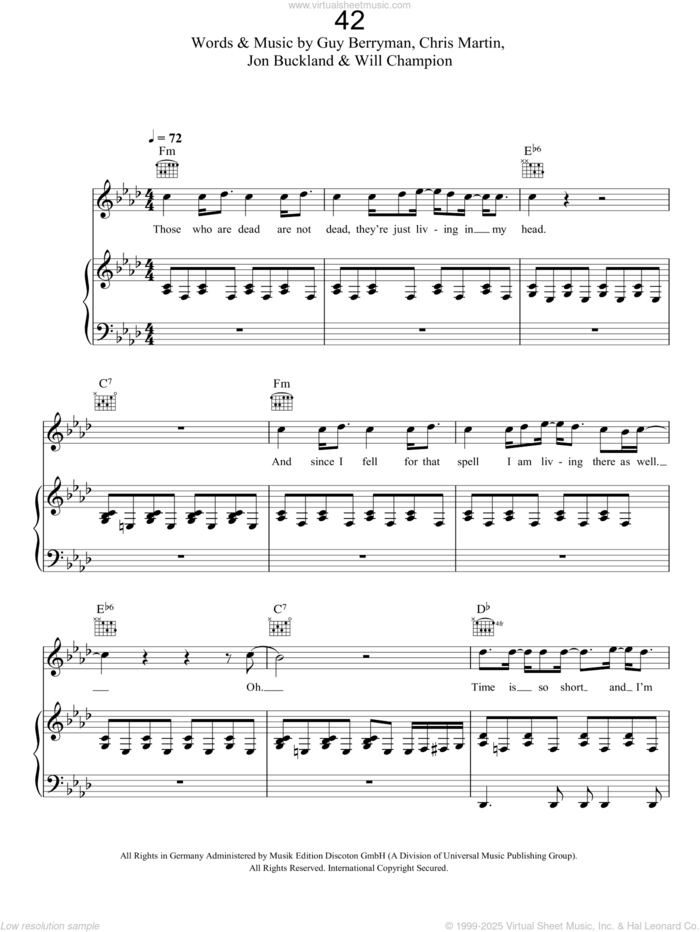 42 sheet music for voice, piano or guitar by Coldplay, Chris Martin, Guy Berryman, Jon Buckland and Will Champion, intermediate skill level