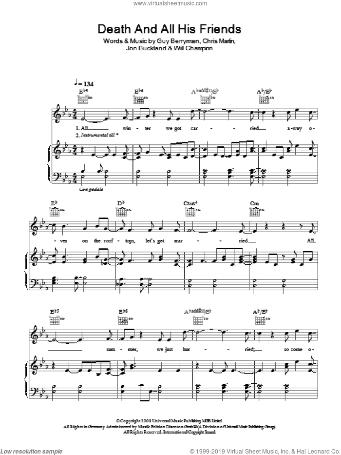 Death And All His Friends sheet music for voice, piano or guitar by Coldplay, Chris Martin, Guy Berryman, Jon Buckland and Will Champion, intermediate skill level