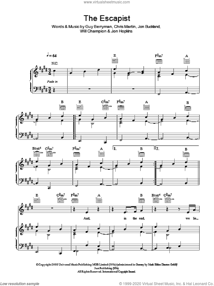 The Escapist sheet music for voice, piano or guitar by Coldplay, Chris Martin, Guy Berryman, Jon Buckland, Jon Hopkins and Will Champion, intermediate skill level