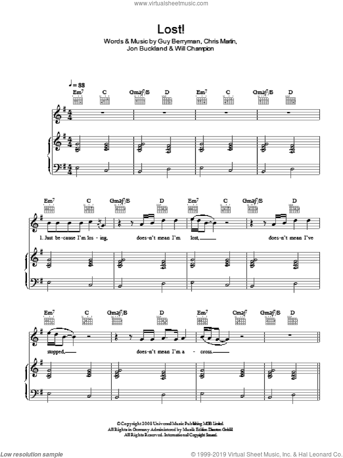 Lost! sheet music for voice, piano or guitar by Coldplay, Chris Martin, Guy Berryman, Jon Buckland and Will Champion, intermediate skill level