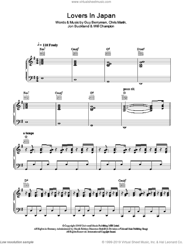 Lovers In Japan sheet music for voice, piano or guitar by Coldplay, Chris Martin, Guy Berryman, Jon Buckland and Will Champion, intermediate skill level