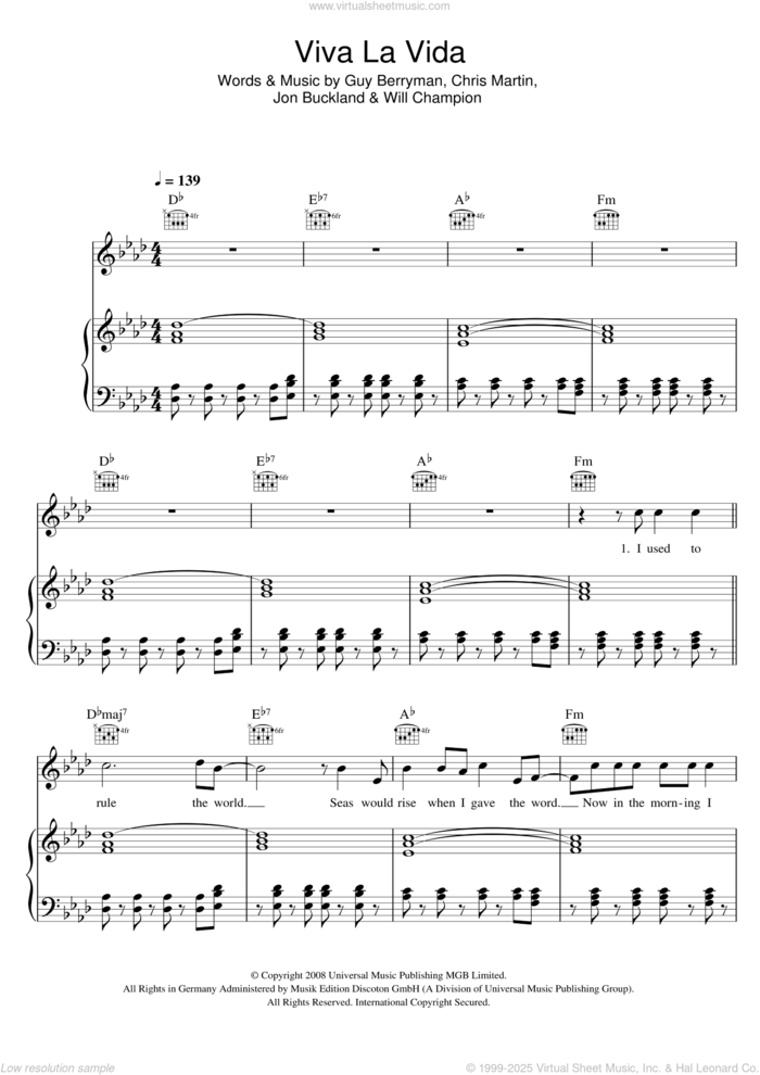 Viva La Vida sheet music for voice, piano or guitar by Coldplay, Chris Martin, Guy Berryman, Jon Buckland, Will Champion and Jonny Buckland, intermediate skill level