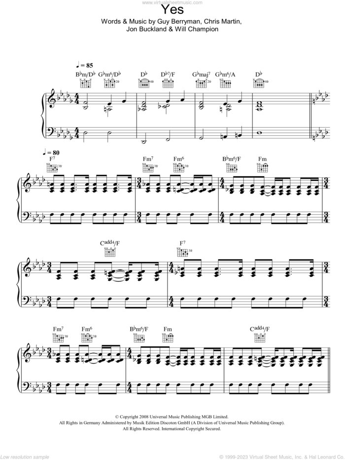 Yes sheet music for voice, piano or guitar by Coldplay, Chris Martin, Guy Berryman, Jon Buckland and Will Champion, intermediate skill level