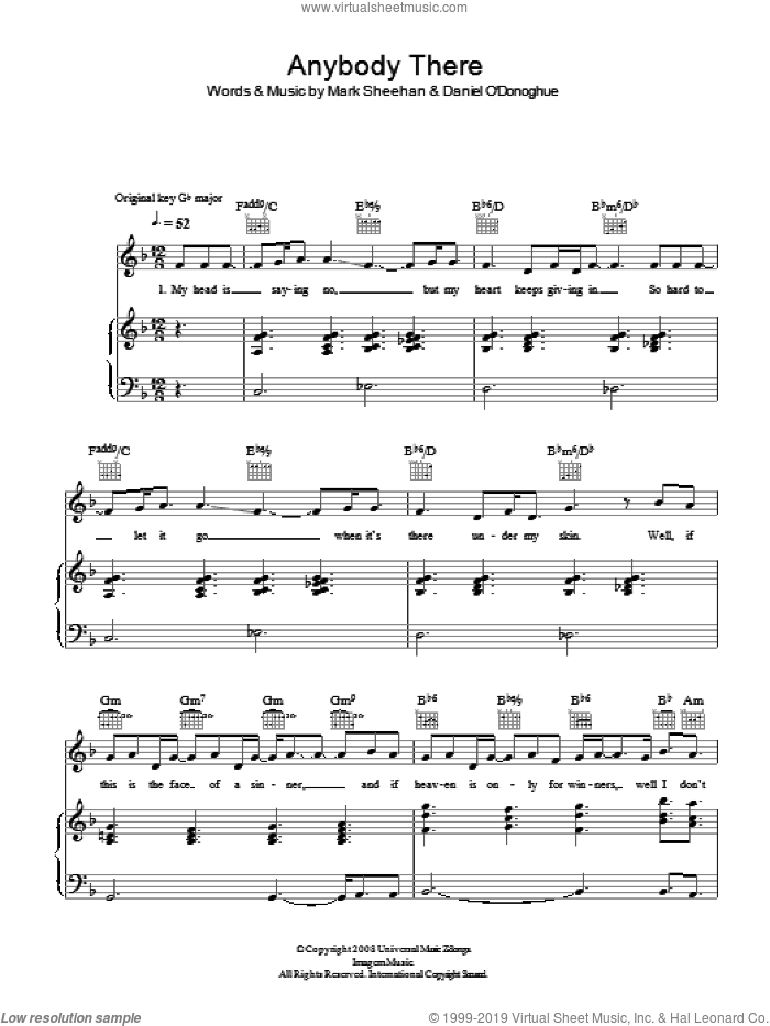 Anybody There sheet music for voice, piano or guitar by The Script and Mark Sheehan, intermediate skill level