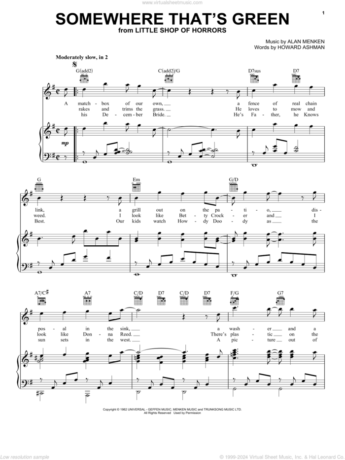 Somewhere That's Green sheet music for voice, piano or guitar by Howard Ashman, Little Shop Of Horrors (Musical) and Alan Menken, intermediate skill level