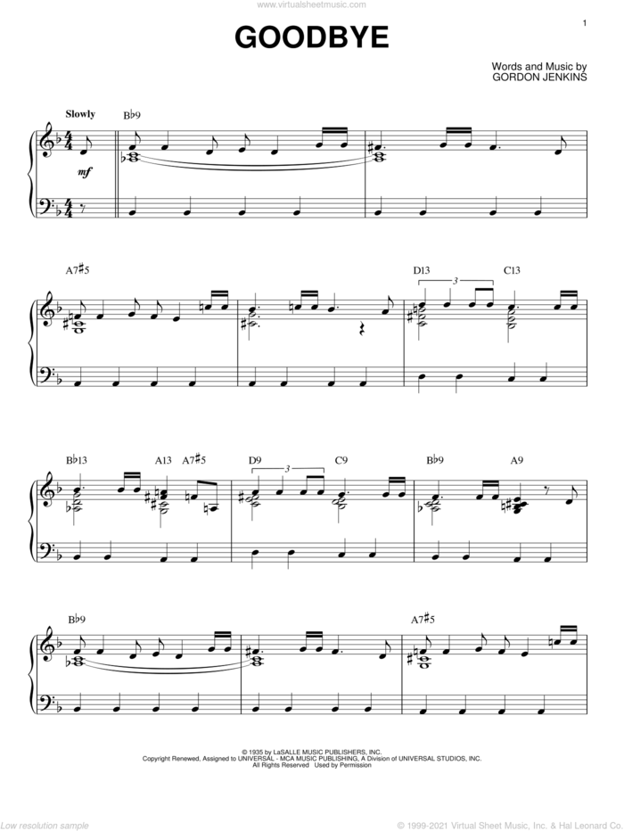 Goodbye sheet music for piano solo by Benny Goodman, Linda Ronstadt and Gordon Jenkins, intermediate skill level