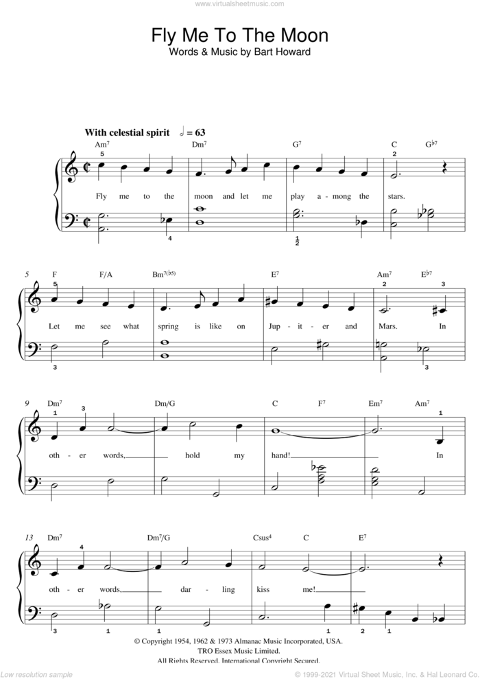 Fly Me To The Moon (In Other Words) sheet music for piano solo (beginners) by Frank Sinatra and Bart Howard, wedding score, beginner piano (beginners)