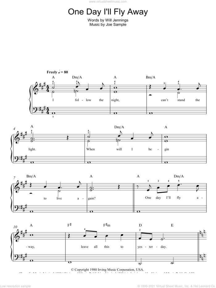 One Day I'll Fly Away (from Moulin Rouge) sheet music for piano solo by Nicole Kidman, Moulin Rouge (Movie), Joe Sample and Will Jennings, easy skill level