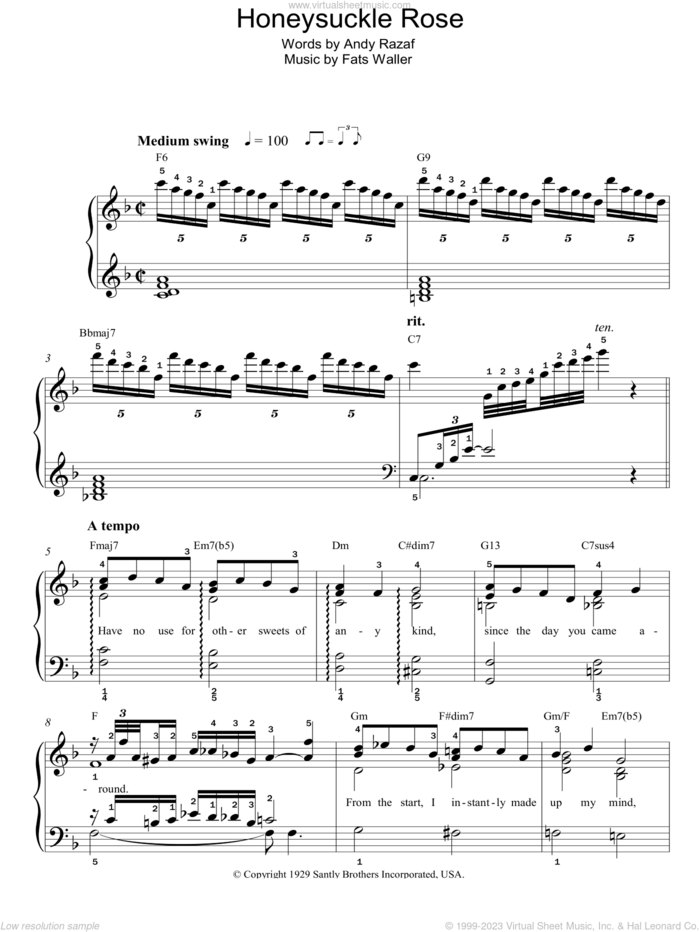 Honeysuckle Rose sheet music for piano solo by Fats Waller, Thomas Waller and Andy Razaf, easy skill level