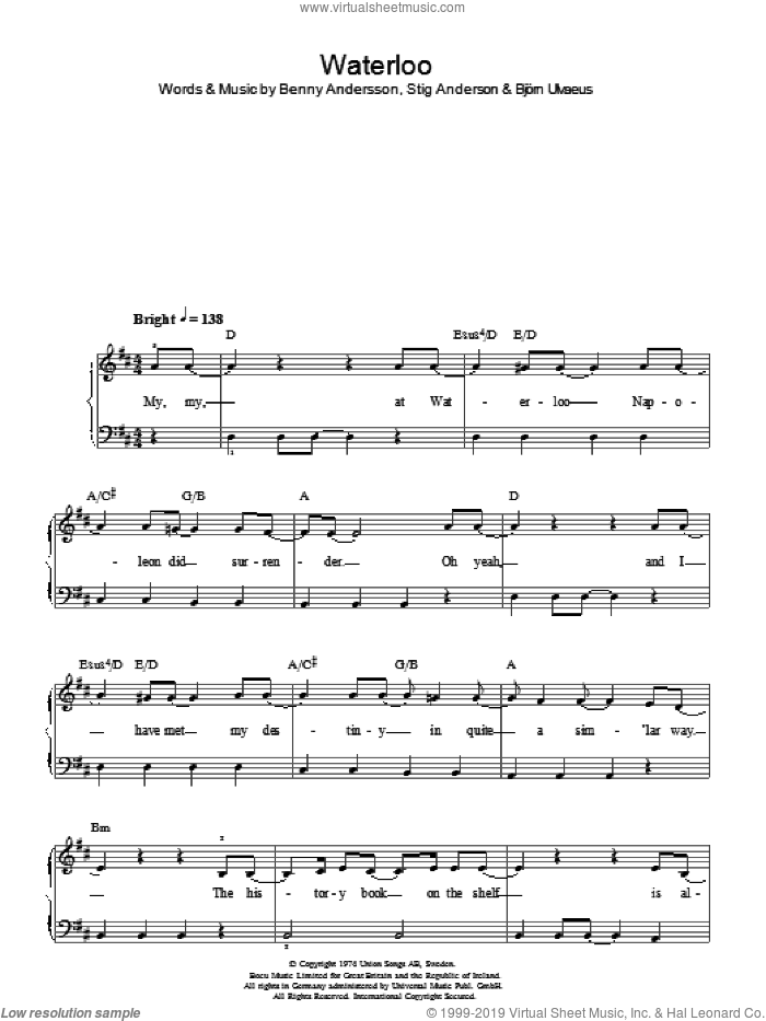 Waterloo sheet music for piano solo by ABBA, Benny Andersson, Bjorn Ulvaeus and Stig Anderson, easy skill level