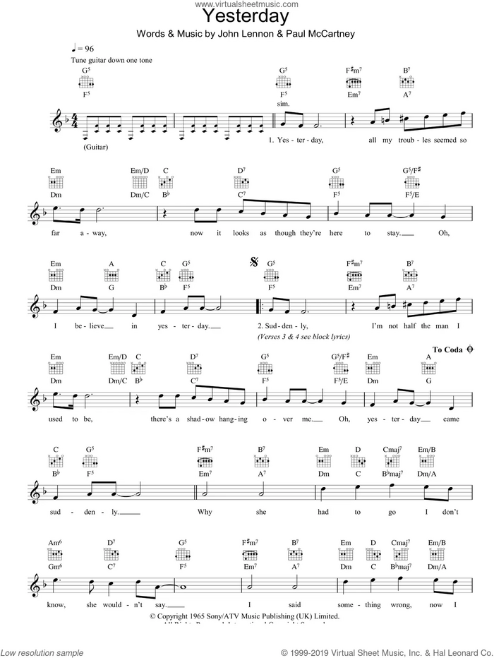 Yesterday sheet music for voice and other instruments (fake book) by The Beatles, John Lennon and Paul McCartney, intermediate skill level