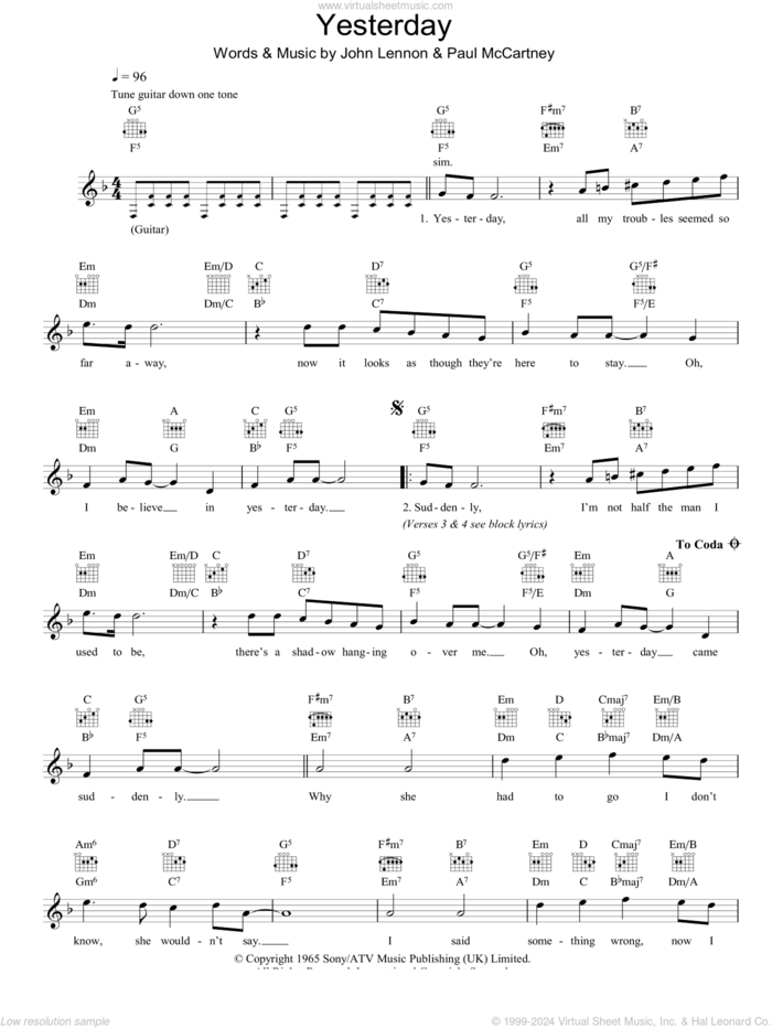 Yesterday sheet music for voice and other instruments (fake book) by The Beatles, John Lennon and Paul McCartney, intermediate skill level