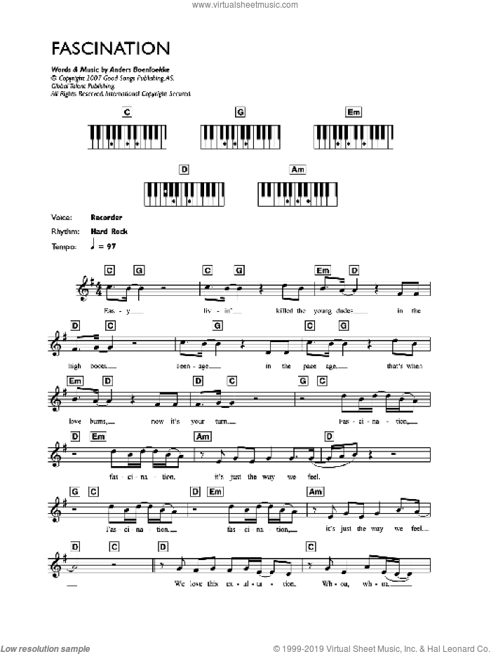 Fascination sheet music for voice and other instruments (fake book) by Alphabeat and Anders Boenloekke, intermediate skill level