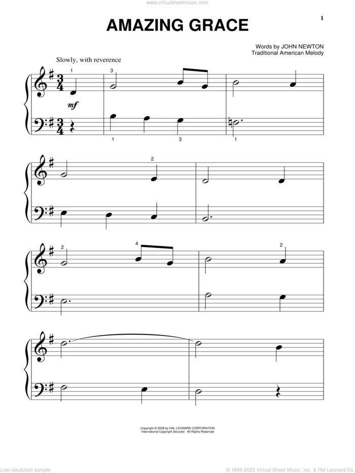 Amazing Grace sheet music for piano solo by John Newton, Edwin O. Excell and Miscellaneous, wedding score, beginner skill level