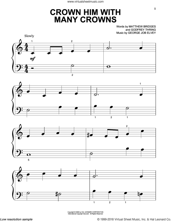 Crown Him With Many Crowns sheet music for piano solo by Matthew Bridges, George Job Elvey and Godfrey Thring, beginner skill level