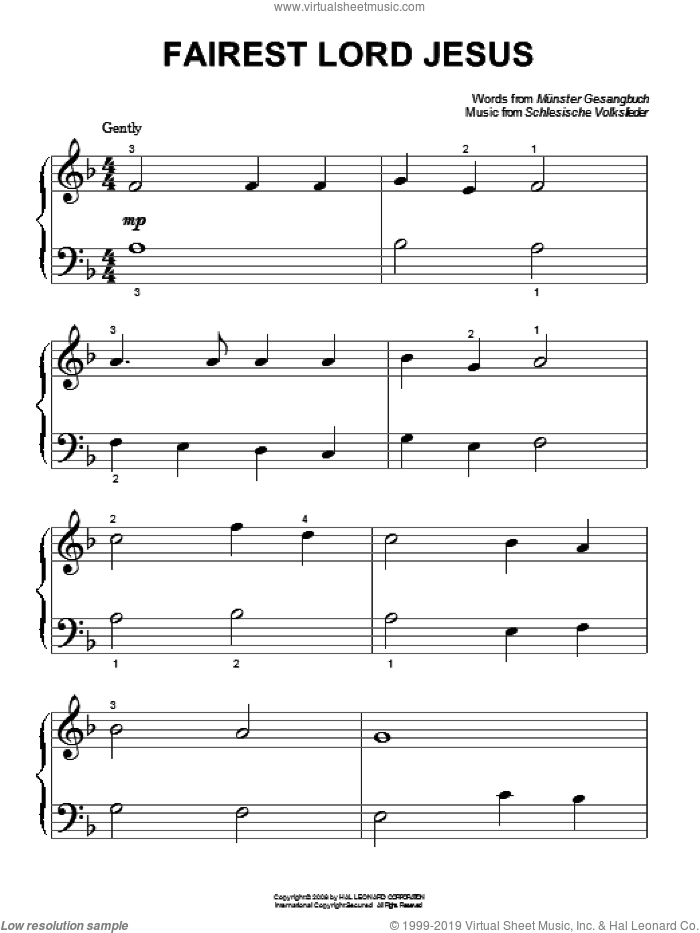 Fairest Lord Jesus, (beginner) sheet music for piano solo by Munster Gesangbuch, Joseph August Seiss, Richard Storrs Willis and Schlesische Volkslieder, beginner skill level