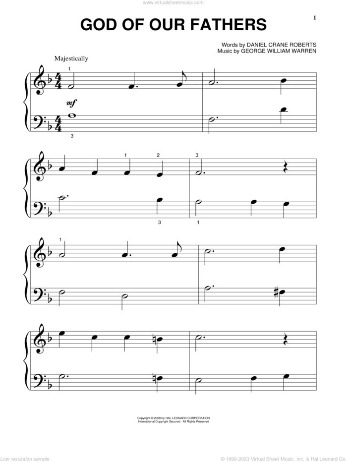 God Of Our Fathers, (beginner) sheet music for piano solo by Daniel Crane Roberts and George William Warren, beginner skill level