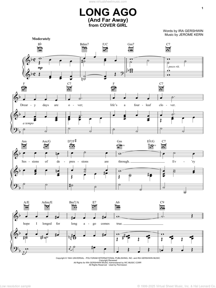 Long Ago (And Far Away) sheet music for voice, piano or guitar by Jerome Kern and Ira Gershwin, intermediate skill level