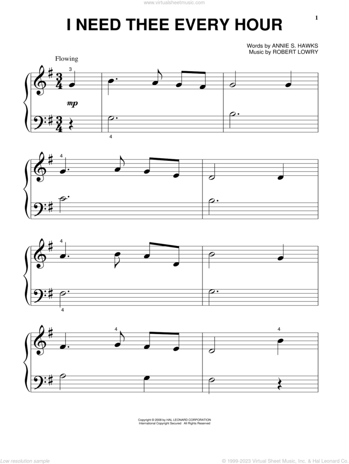 I Need Thee Every Hour, (beginner) sheet music for piano solo by Annie S. Hawks and Robert Lowry, beginner skill level